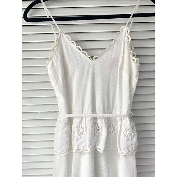 Vintage 1970s 70s White Polka Dot Embroidered Daisy Maxi Peplum Dress XS Boho - Picture 1 of 7